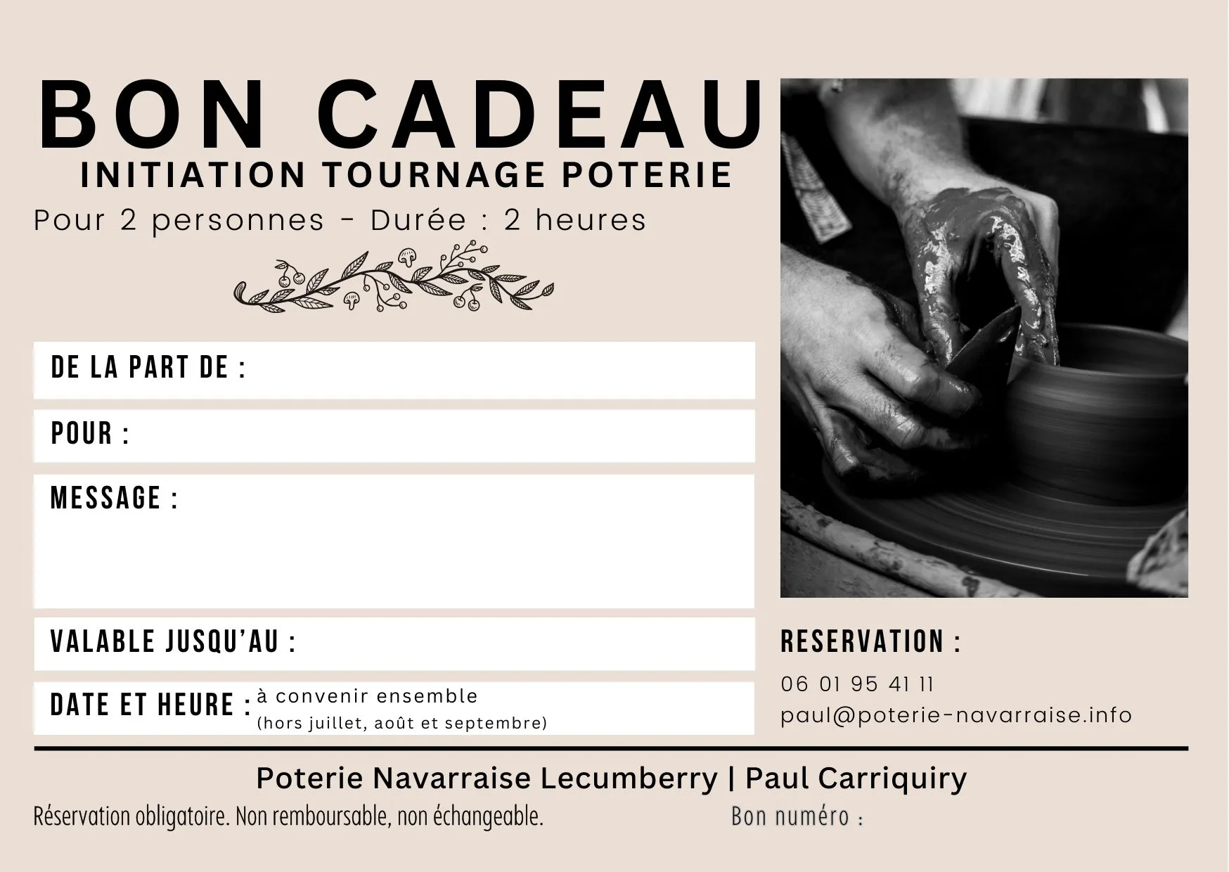 Bon cadeau poterie final Bon cadeau pour tournage